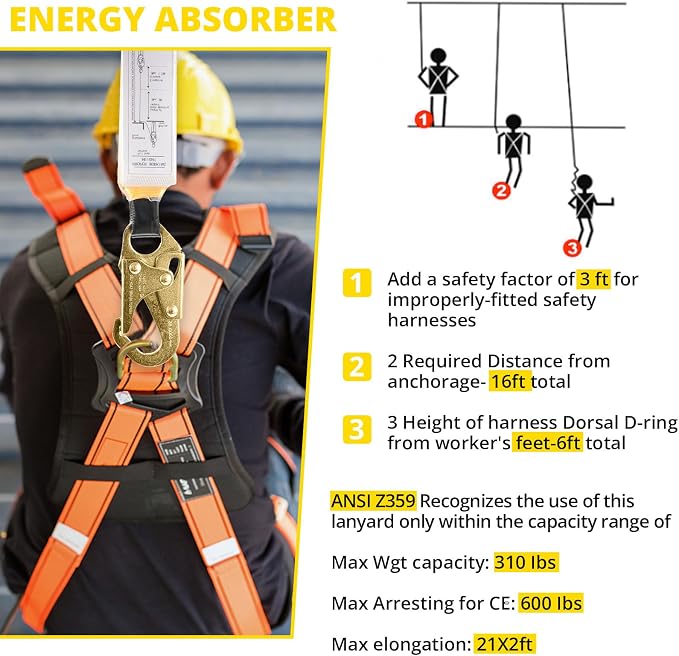 TRSMIMA Rope Harness Safety Lanyard：50ft Roofing Rope Fall Protection | Vertical Safety Harness Rope With Grab Snap Hooks Shock Absorber - Tree Climbing Line Kit Heavy Duty Safety Equipment ANSI CE