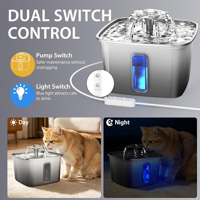 Veken Innovation Award Winner Stainless Steel Cat Water Fountain, 108oz | Automatic Pet Fountain Dog Water Dispenser with Replacement Filters & Silicone Mat for Cats, Dogs (Velvet Black)