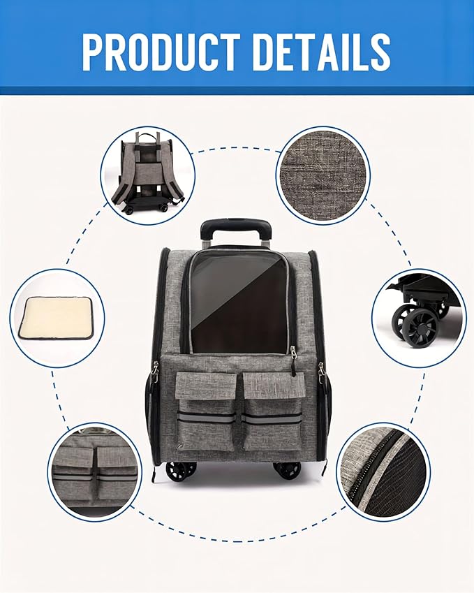 Rolling Pet Carrier with Wheels, Polyester, Soft-Sided Collapsible, Large, Travel, with Telescopic Handle and Folding Bowl (Gray Wheeled Carrier Set)