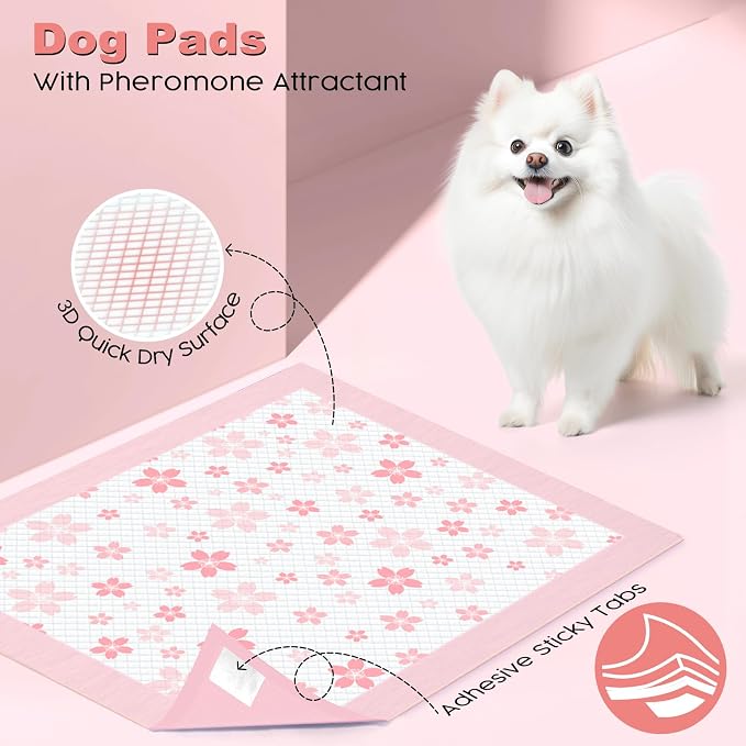 MIZOK Pink Puppy Pads with Adhesive Tabs Disposable No Leak 22x22in 100Ct | Cute Cherry Blossom Designs Feature Pheromone Attractant for Fast Training Small Dog Potty Pads Ideal for Female Puppy Needs