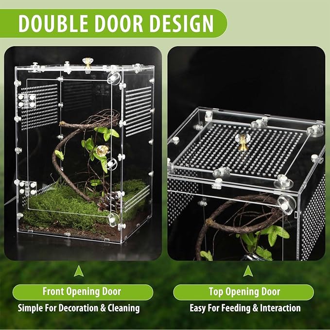 Reptile Enclosure 10 Gallon for Crested Gecko, Lizard, Bearded Dragon, Snakes，Frogs, Large Spiders, Acrylic Reptile Tank Feeding Terrarium with Front & Top Opening Doors and Vent Holes - 12"*12"*18"
