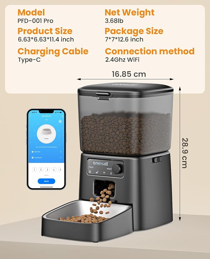 oneisall Automatic Cat Feeder, 2.4G WiFi Cat Food Dispenser with App, 12 Cups/3.5L Auto Cat Feeder for Dry Food, Timed Cat Feeder with Portion Control for Small Pets Indoor | Timed Meals, Feed Now, Feeding Logs, Slow Feed, Precise Portion, Dual Power B...