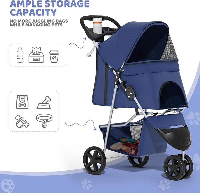 Magshion 3-Wheel Pet Stroller for Small/Medium Dogs Cats, Up to 33lbs, Navy | Foldable Travel Jogger w/ Breathable Mesh Cover, Lightweight Design, Safety Tethers, Cup Holder & Storage Basket
