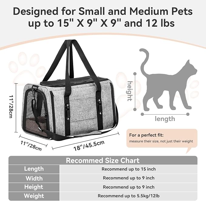 PETSFIT Cat Carrier Soft with Patented Safety Buckles,Safe for Car Travel | Lockable Zippers, Safety Tether, Escape-Resistant Pet Carrier for Vet Visits, Airline Approved Under-Seat, Up to 12 lbs
