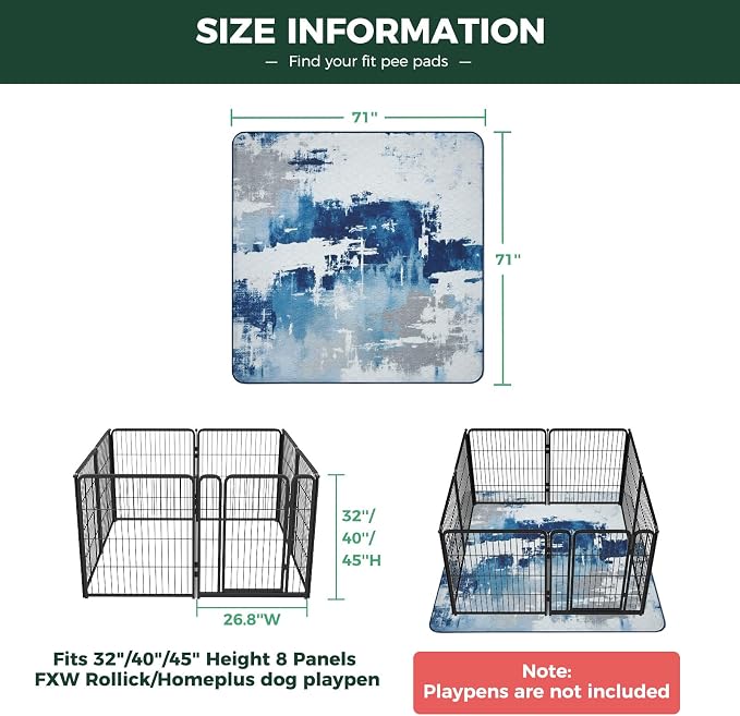 FXW Washable Pee Pads for Dogs, Super Absorbent, 71" Square, 1 Pack | Machine washable, Non-slip backing, Fits 32"/40"/45"H 8-Panel FXW Rollick/Homeplus Playpens