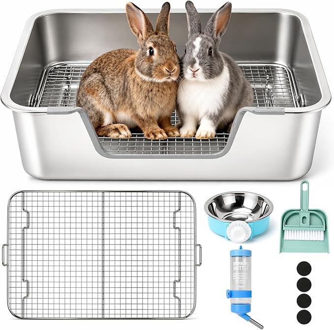 Rypet Large Rabbit Litter Box, Bunny Litter Box High Side with 304 Stainless Steel Sifting Tray, Metal Small Animal Litter Pan with Pet Food Bowl and Water Bottle, Non-Slip Easy to Clean Odor Control