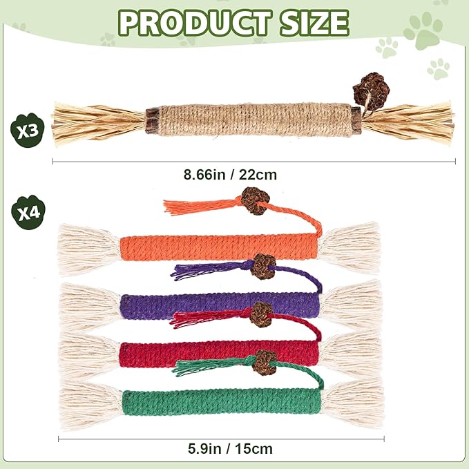 WOUSEDO 8 Pack Catnip Chew Toys for Cats,Cotton Sisal Rope Toys,Cat Natural Silvervine Sticks,for Cat Teeth Cleaning and Dental Care,Interactive Toy for Bored Indoor Cats