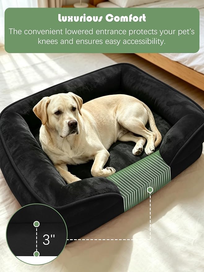 Spotted Play Orthopedic Dog Bed with Sides - Sofa Beds for Extra Large Dogs, Supportive Foam Pet Couch Bed with Washable Removable Cover, Waterproof Lining and Non-Slip Bottom, Black - XL