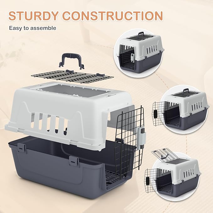 22-Inch Dog Crate Plastic 2-Door Top Loading Cat Carrier, Hard-Sided Dog Travel Carrier for Small Dogs and Cats, Ventilation and Security Lock Design for Pets up to 22 lbs (Grey)