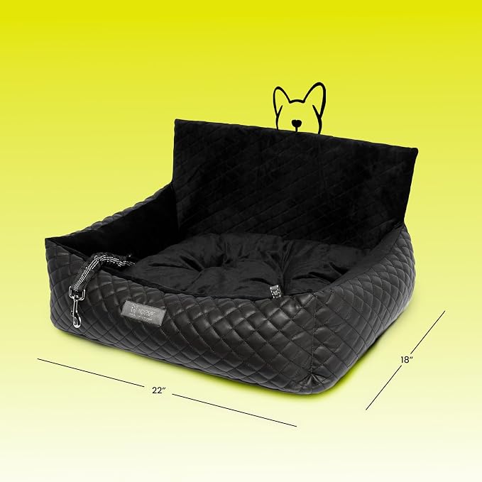 NANDOG Luxury Dog Car Seat Bed for Medium Dogs, Vegan Leather Pet Seat with Removable & Washable Cushion Insert, Thick Safety Seatbelt Straps, Secure Travel Carrier, Black, 22" L x 18" W
