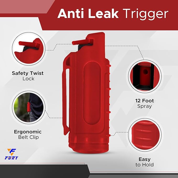 FURY Hardshell Pepper Spray - 12Ft Range, Max Strength, UV Dye Identifier, Anti-Leak & Anti-Misfire, Slidetop Trigger, Belt Clip & Key Ring, Multiple Color Options, Self-Defense Spray