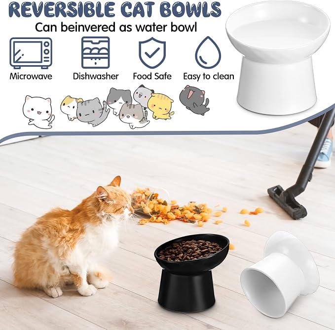 4 Pcs Ceramic Raised Cat Bowls, Elevated Tilted Cat Bowl for Food Water, Stress Free, Backflow Prevention, Dishwasher Microwave Safe, Feeder Dish for Indoor Kitten, Small Dogs(White and Black)