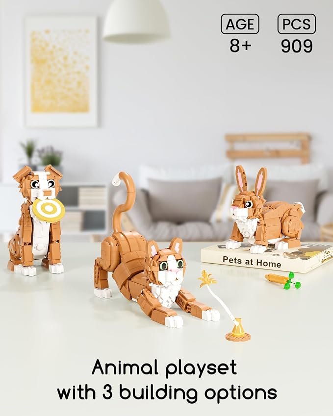 3-in-1 Orange Cat Building Set, Build a Cat, Dog or Rabbit | Build & Rebuild 3 Cute Animal Designs from One Set, Building Toy for Cat Lovers and Animal Fans, Birthday Gift Ages 8+