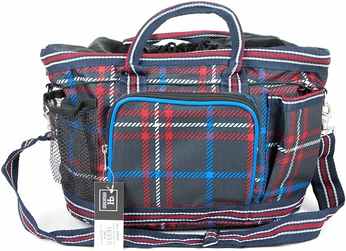 Jeffers Poplar Head Grooming Bag – Horse Grooming Organizer Tote with Pockets for Brushes, Tools, Clippers, Shampoo, Detangler – Stable Barn Kit Carrier for Horses, Pets, Navy & Merlot Plaid