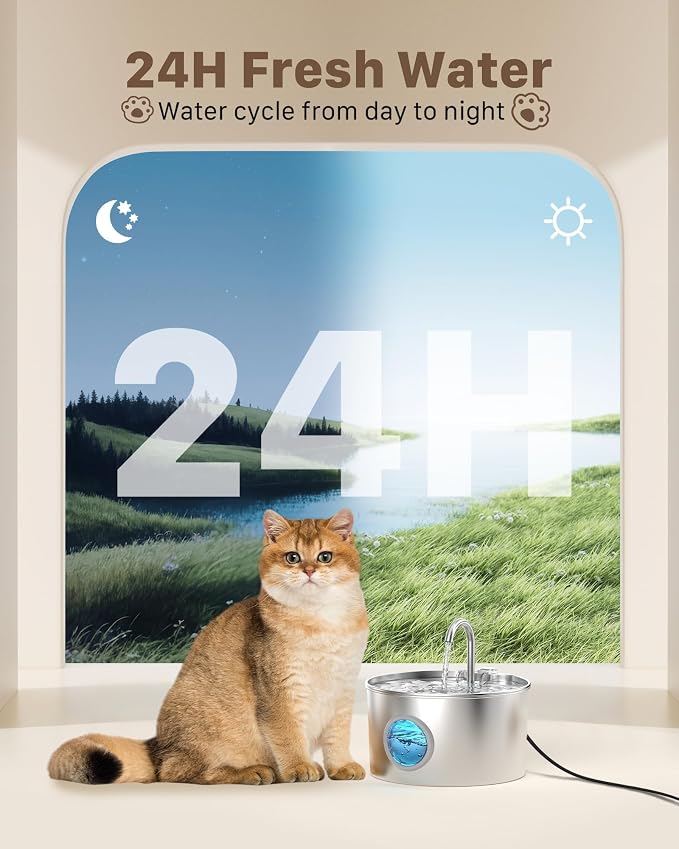 Cat Water Fountain Stainless Steel: Cat Fountain for Drinking with 6 Filters + 3 Sponges - 74oz/2.2L Pet Water Fountain for Cats Inside - Quiet Cats Water Bowl Dispenser - Kitten Drinking Fountains