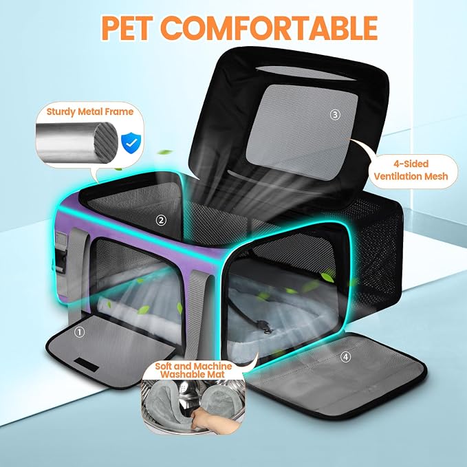 Top and Side Expandable Pet Carrier Airline Approved, Purple | 19"L x 13"W x 9"H, for Southwest Allegiant Airlines, Lockable Safety Zippers and Anti-Scratch Mesh, Pets Under 12 lbs