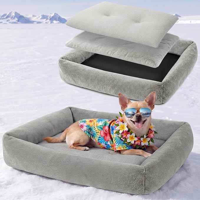 Cooling Dog Bed for Small Medium Cats - Removable Inner Cushion & Reversible Design (Ice‑Silk Cooling Layer | Sherpa Fleece Layer), Non‑Slip Bottom Washable Cooling Mat for Dogs Cats Crates 20" × 14"