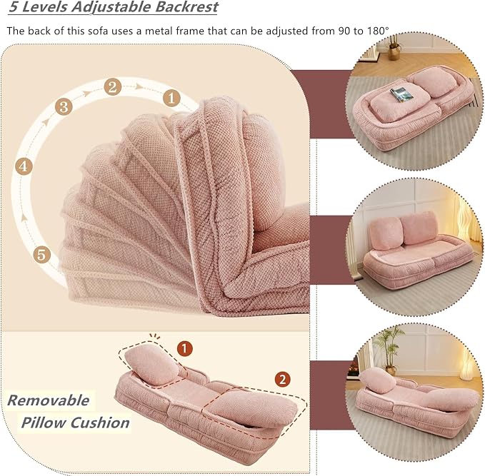 Foldable Lazy Sofa Bed with 5 Levels Adjustable Backrest, Pink | Comfy Upholstered Human Dog Bed for Adults and Pets, Lazy Floor Lounger with 2 Soft Cushions for Living Room Bedroom