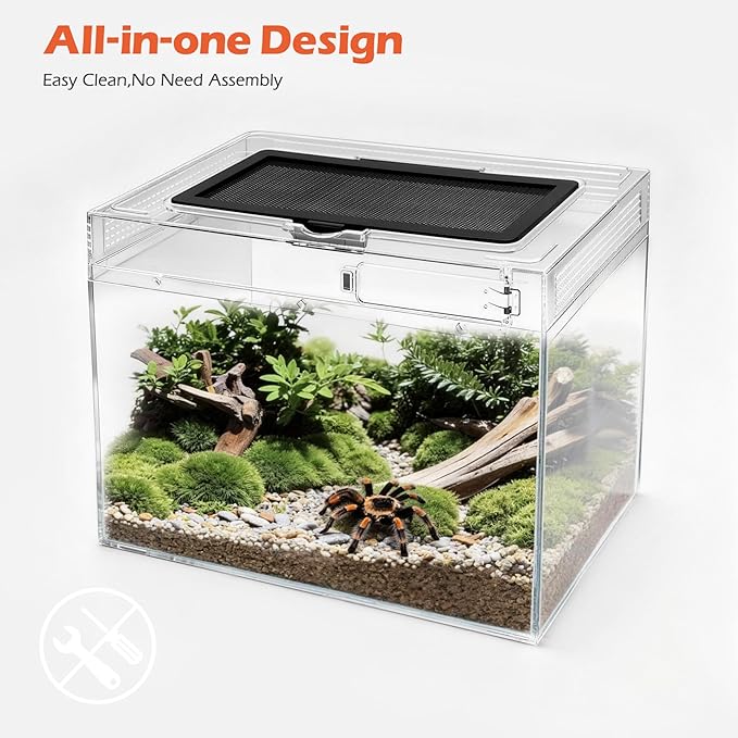 AZV Reptile Terrarium Starter Kit,8 Piece Small Reptile Tank with Escape-Proof Locks,Mesh Top,Multi-Vent Compatible Habitat,Durable Clear PC,Easy-Clean Waterproof Base for Geckos,Frogs,Spiders XLarge