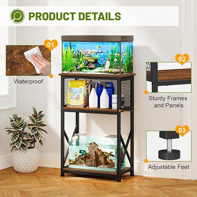 Snughome 10 Gallon Aquarium Stand, 3-Tier Storage Fish Tank Stand 220 lb Top, Fits 5/10 Gallon , Waterproof / Small Space, 20.47" x 11.42" x 30.91", Rustic Brown