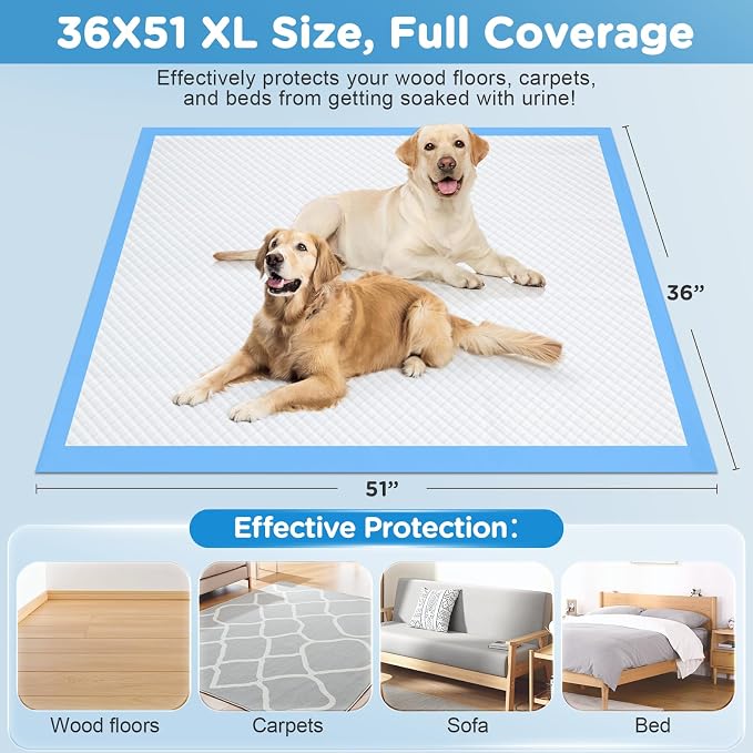 iweepet 4XL Puppy Pads 36"x51" 40 Count, Pee Pads for Large Dogs & Multi-pet Families, Ultra Absorbent & Quick-Dry, Disposable Pet Training Pads for Doggie, Cat , Leakproof Incontinence Underpads