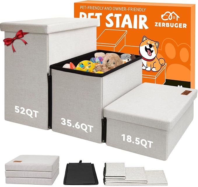 Zerbuger Dog Stairs with Storage, Beige 3 Steps Dog Ramp no Condo for Bed | 18" H Wider Dog Steps for High Beds Couch, Folding Storage Pet Stairs Gift for Climbing Small/Medium/Large Old Dogs Cats