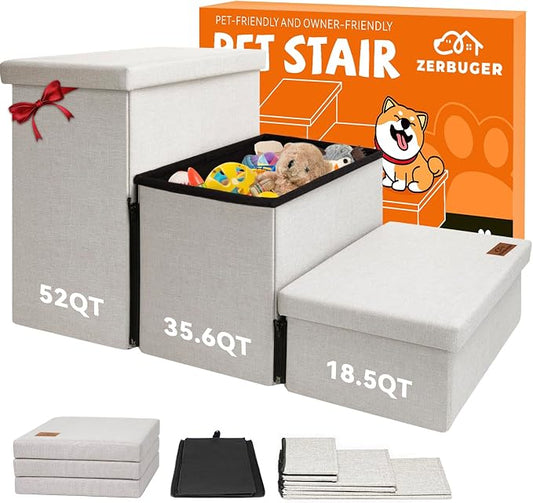 Zerbuger Dog Stairs with Storage, Beige 3 Steps Dog Ramp no Condo for Bed | 18" H Wider Dog Steps for High Beds Couch, Folding Storage Pet Stairs Gift for Climbing Small/Medium/Large Old Dogs Cats