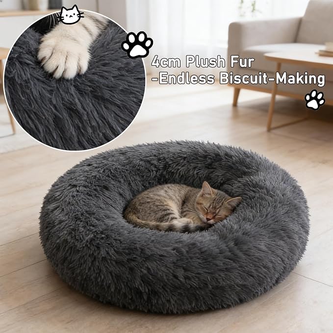 Calming Donut Dog Beds for Small Dogs Kitten - Washable Removable Cover Non-Slip Bottom, Round Pet Bed Puppy Bed Warming Fluffy Faux Fur Anti-Anxiety, Fits up to 15 lbs (Dark Grey, 20")