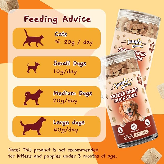 Jungle Calling Freeze Dried Duck Dog & Cat Treats, Single Ingredient Duck Bites for Cats & Dogs, Grain Free High Protein Training Treats & Food Topper, 9.17 oz