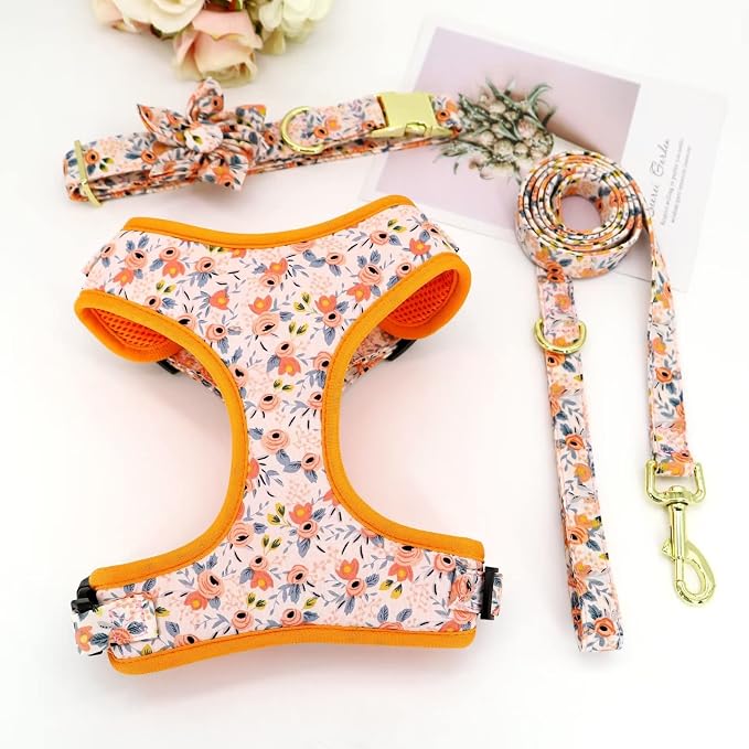 Beirui Cute Dog Collars,Harnesses,Leashes Set, Floral Pattern, Orange,S | Girl Dog Harness Set with Flower, Adjustable and Soft Mesh Lining, For Small Dogs Daily Walks