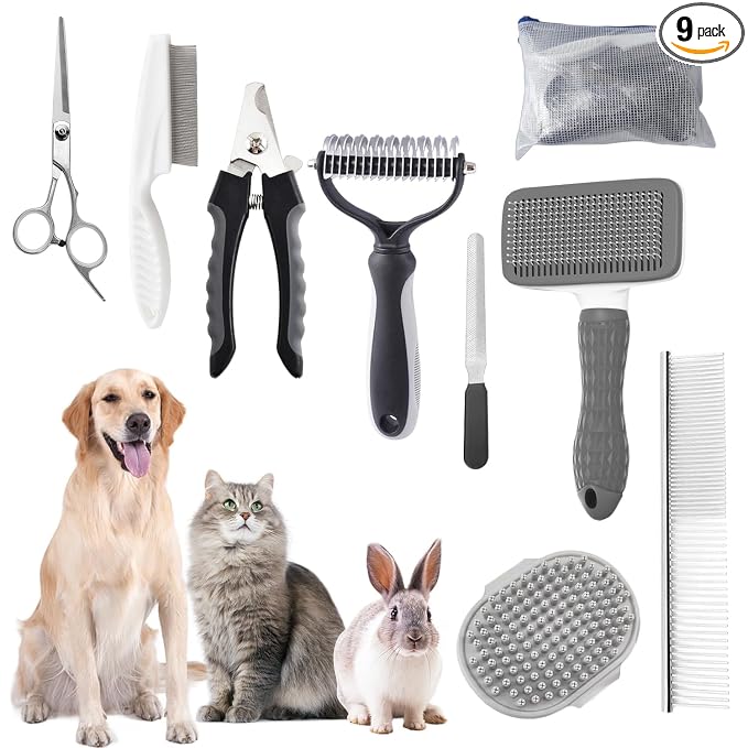 Dog Brush for Shedding,9 PCS in One Pet Slicker Hair Brush Kit with Pet Nail Clipper and File - Dog Cat Grooming Deshedding Undercoat Rake Brush Comb for All Small Large Dogs Cats Grey