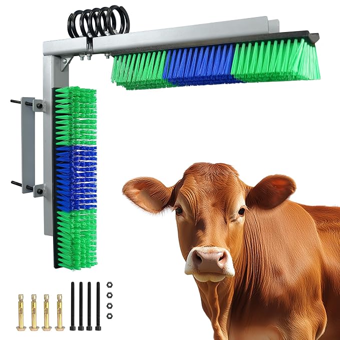 Livestock Scratch Brush With Spring Iron Holder，Animal Back Scratching Brush Including 4pcs goat brushes, 4 stands and accessories For Cow,Cattle,Sheep, Horses,Pigs，Massage Grooming Tool（Green）