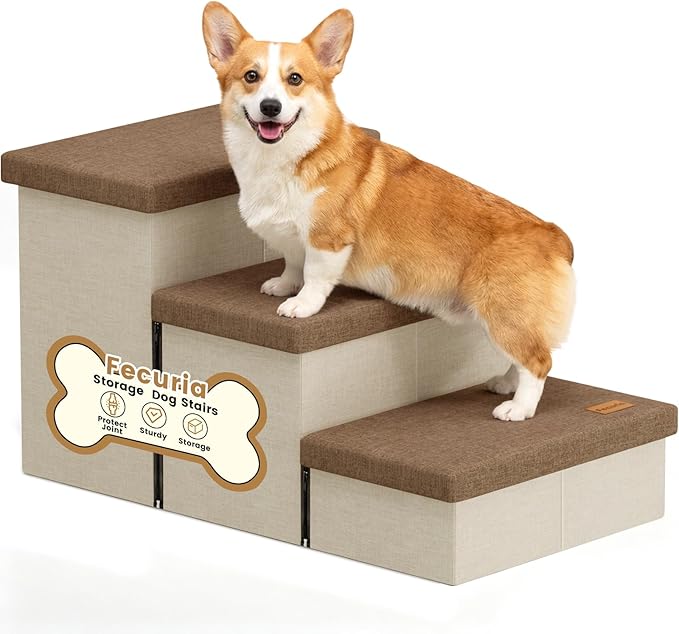 3-Step Wide Dog Stairs with Hidden Storage 18" H, Non-Slip Dog Steps for High Bed Couch Car, Jiont-Friendly Pet Stairs Ramp for Small/Medium/Large Old Dogs Cats Up to 220lbs, Beige&Coffee Lid