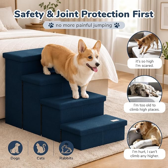 4-Step Wide Dog Stairs with Storage 23" H, Non-Slip Sturdy Pet Steps for High Bed Couch Window, Pet Stairs for Small/Medium/Large Old Dogs Cats Up to 220lbs, Cat Dog Steps for Car/SUV, Navy