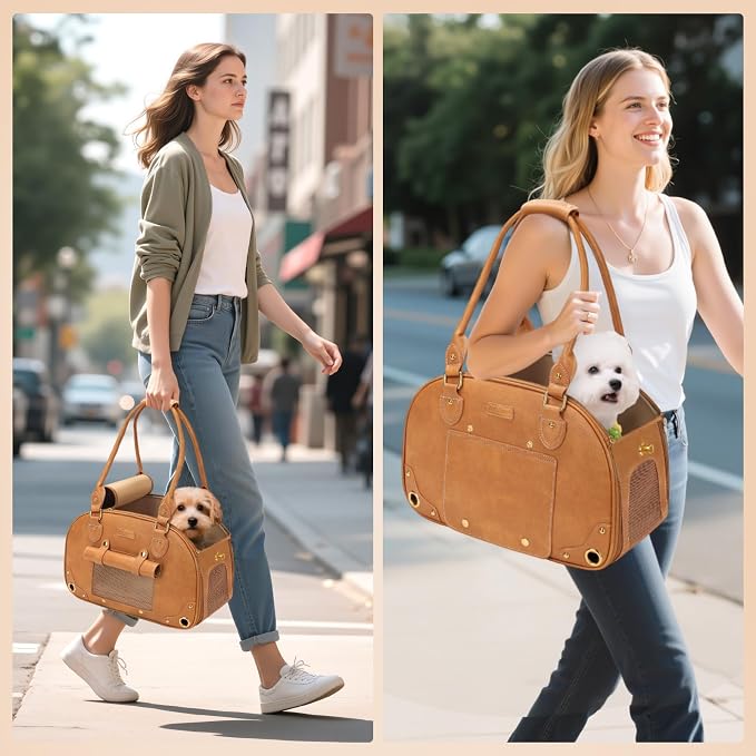 Dog Carrier Purse, Pet Carrier, Foldable Waterproof Premium PU Leather Pet Travel Portable Bag Carrier for Cat and Small Dog Home & Outdoor Small Brown