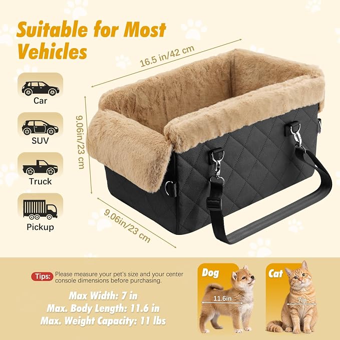 Center Console Dog Car Seat for Small Dogs&Cats Under 12 LBS | Puppy Car Seats with Non-Slip&Strong Support, Anti-Collapse Portable Pet Bed for Puppies with Soft Cushion Safety Belt, Brown