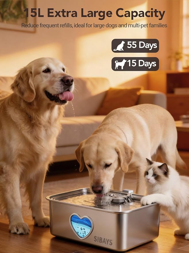 SIBAYS 15L Large Dog Water Fountain, 4 Gal Stainless Steel Pet Water Fountain for Dogs Inside, Ultra Quiet Automatic Dog Water Bowl Dispenser with Water Level Window & LED Light, Easy to Clean FS80
