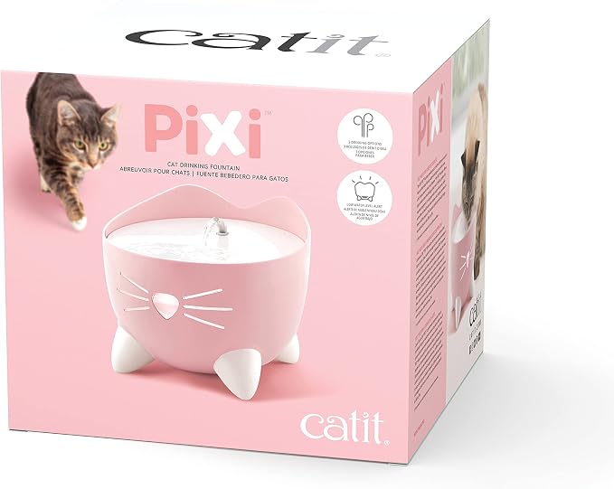 Catit PIXI Cat Drinking Fountain, Running Water Fountain, Pink | Cat Water Fountain with Triple Filter and Ergonomic Drinking Options