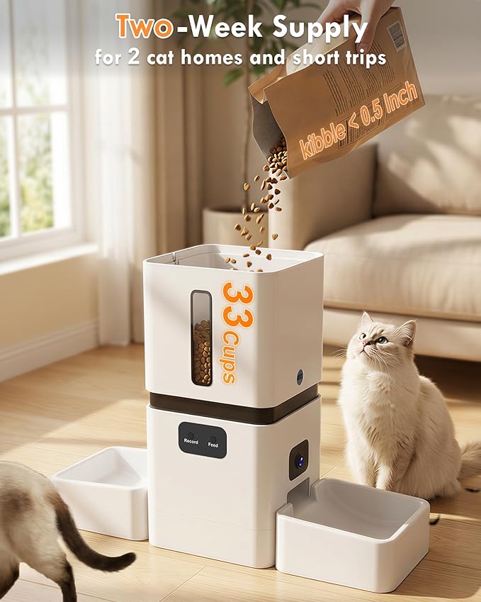 Yakry Automatic Cat Feeder for 2 Cats - Two HD Cameras Easy Setup 5GHz Stable WiFi Dog Food Dispenser with HD Night Vision - 8L Pet Feeder with Dual Bowls for Multi-Cat & Small Dogs Indoor