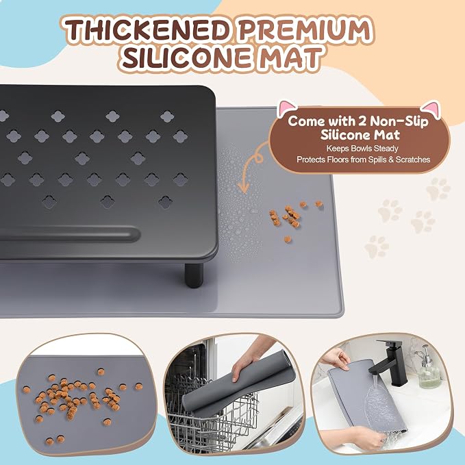 Dreyoo 2 Set Adjustable Cat Food Stand, Black,Gray Mat | Fits Most Auto Feeders, Cat Food Stand, 3 Level Stand, Non Slip Silicone Mats, Elevated Feeding Table, Cats Small Dogs