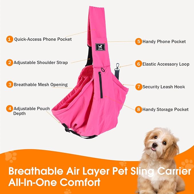 Dog Sling Carrier for Small Dogs & Cats 5-20 lbs, Adjustable Depth | Breathable Air Mesh Puppy Sling, Water-Resistant Travel Bag, Double Safety Leash, Machine Washable, Hands-Free Pouch, Fuchsia