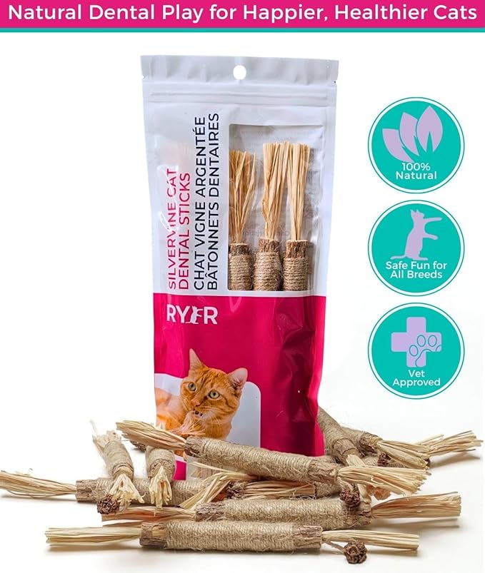RYERCAT Silvervine Sticks for Cats - 100% Natural Cat Chew Toy for Aggressive Chewers and Kitten Teething - Pet Friendly, Smooth Finish, Irresistible Taste and Smell (5 Pack)