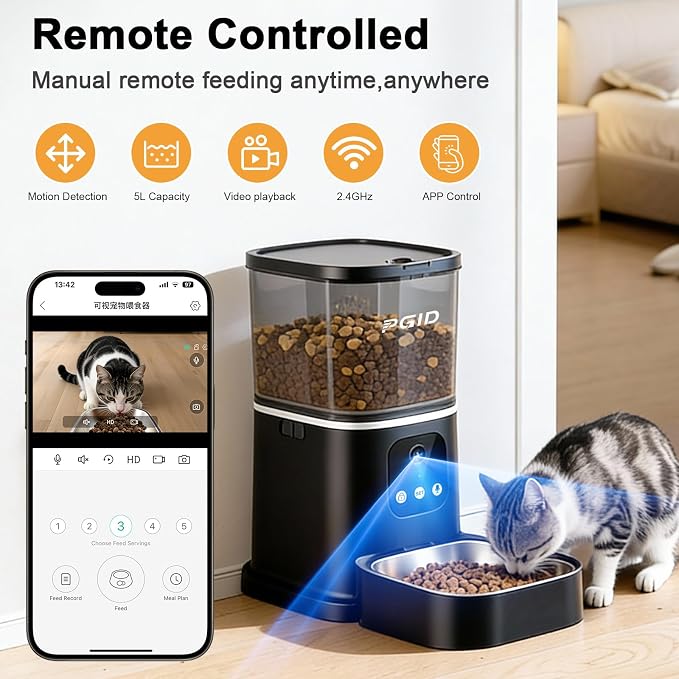 Automatic Cat Feeder with 4K Camera,2.4G Auto Dog Feeder w Night Vision,Pet Feeder w2-Way Audio,Timed Cat Feeders for Dry Food,Dogs Food Dispenser w APP Control 5L