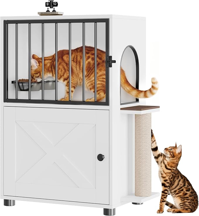 Dog Proof Cat Feeding Station, Dog Proof Cat Feeder, Cat Food Table, White | Cat Feeding Station with Scratching Post, Elevated Food Bowls with Stand, Cat Tree with Food Storage, Cat House