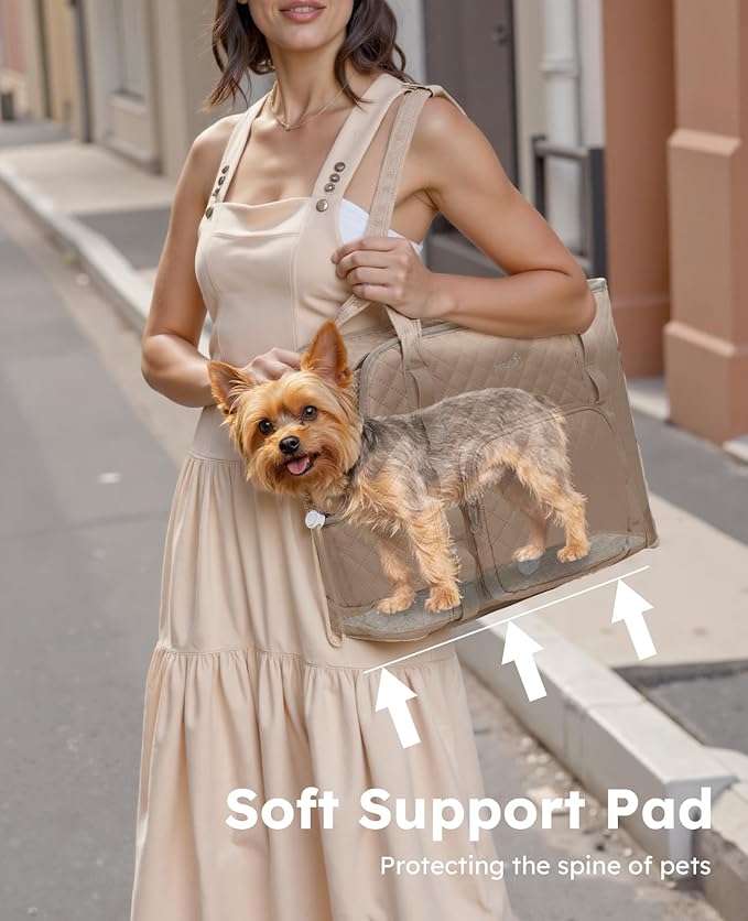 Pecute Dog Purse Carrier, Dog Carrier with Pockets for Small Dogs, Fits Dogs 5 lbs to 9 lbs, Cat and Puppies Tote Bag, Outing, Travel, Vet, Khaki | Breathable,Foldable,Large Pocket,Built-in safety Rope,Machine washable,Under 9 Lbs