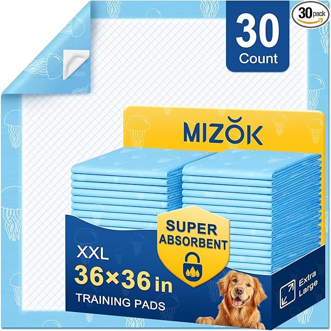 MIZOK XXL Pee Pads for Dogs Super Absorbent Extra Heavy Duty 36x36in 30Ct | Thick Blue Wee Wee Pads for Dogs with Jellyfish Prints Feature Adhesive Tabs and Leak Proof Layers for Potty Training