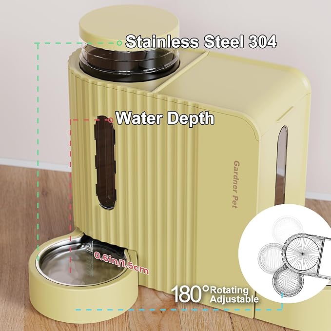 Distributeur automatique de nourriture et d'eau 2-en-1 Gardner Pet, capacité de 3 litres*2, pour chats et chiens, sans BPA, gamelle d'eau en acier inoxydable pour chiens, chats, lapins, chiots (jaune)