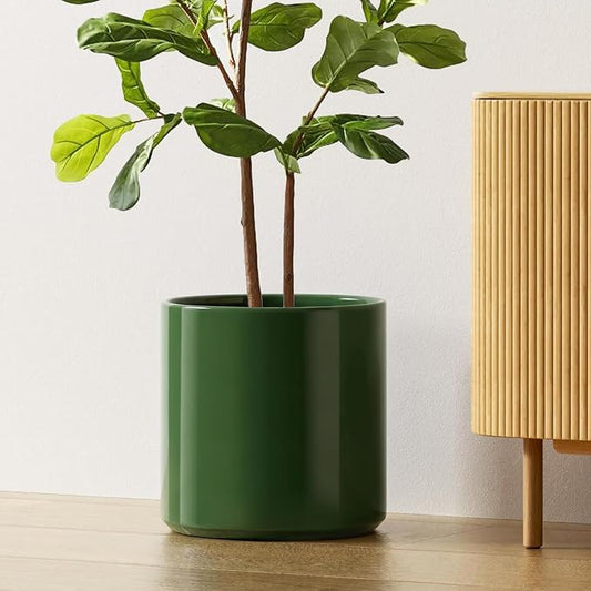 LE TAUCI 12 Inch Pot for Plants, Ceramic Planters for Indoor Plants, Mid-Century Modern Cylinder Flower Pots with Drainage Hole, Fits Fiddle Leaf Fig & Monstera, Home Decor, Bamboo Green
