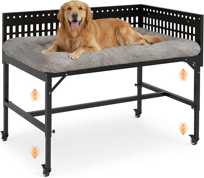 Beside Dog Bed,2 Panels Adjustable Height Dog Bunk Beds,41.3”x27.5” Metal Frame & Cushion, Converts to Bunk Bed or Bed Extension Attachment for Human Bed, for Large Dogs