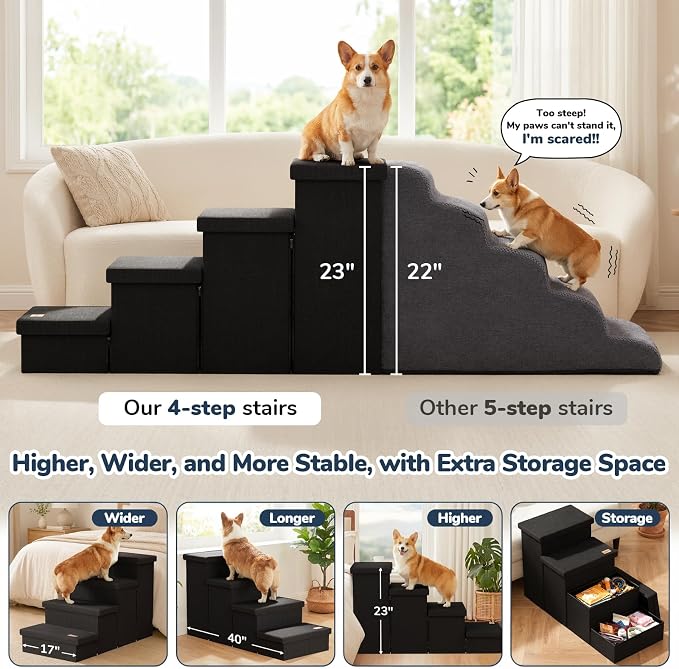 4-Step Wide Dog Stairs with Storage 23" H, Non-Slip Sturdy Pet Steps for High Bed Couch Window, Pet Stairs for Small/Medium/Large Old Dogs Cats Up to 220lbs, Cat Dog Steps for Car/SUV, Black